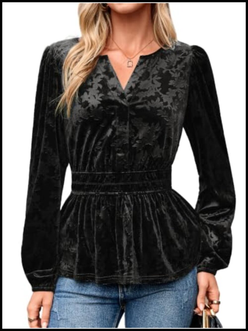 Simplee Velvet V-Neck Peplum Long Sleeve Blouse Dressy Casual Top